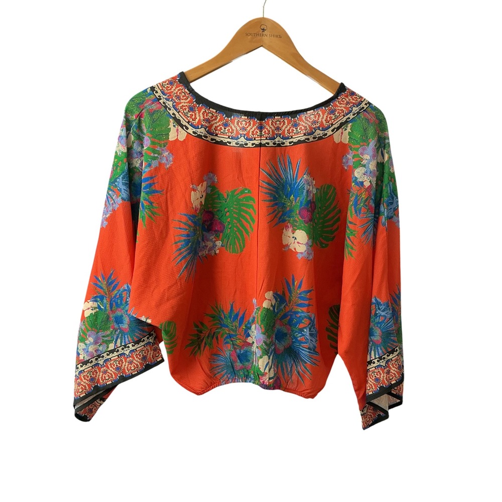 Flying Tomato Orange Tropical Floral Kimono Sleeve Wrap Crop Top IT1010GC-TJ M - Picture 6 of 8